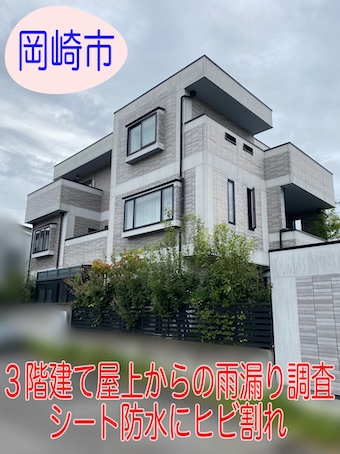 岡崎市で３階建ての陸屋根・屋上防水を現地調査、シート防水に雨漏り原因のひび割れを確認！