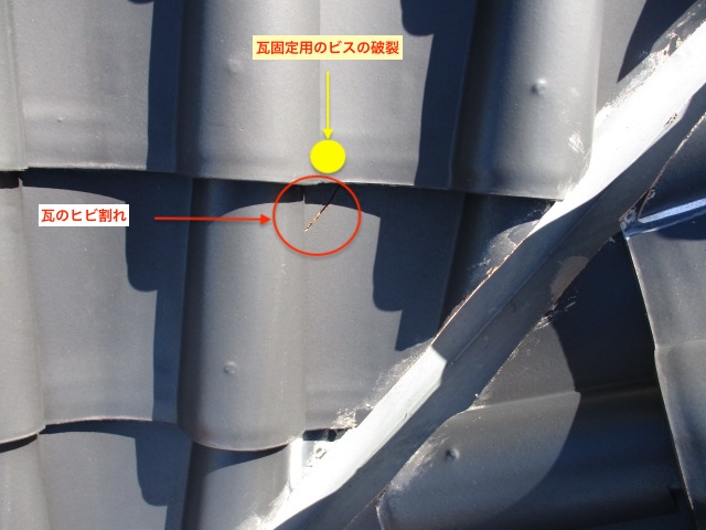 瓦破損の原因　S瓦　釘ビス不良