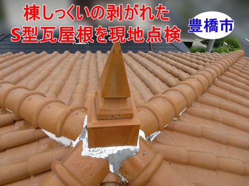 豊橋市で瓦屋根の雨浸水調査を実施、 棟の白い詰め物の剥がれたS型瓦屋根を現地点検
