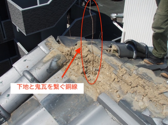 鬼瓦　固定　緊結　銅線