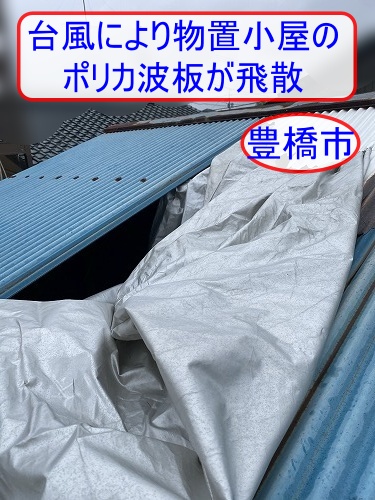 豊橋市で台風により物置小屋のポリカ波板が飛散｜棟板金のサビや屋根全体の経年劣化も現地調査