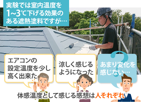 実験では室内温度を1~3℃下げる効果のある遮熱塗料ですが…体感温度として感じる感想は人それぞれ